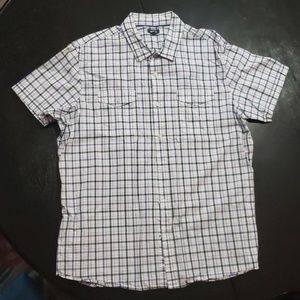 Purple plaid patterned short sleeve button up